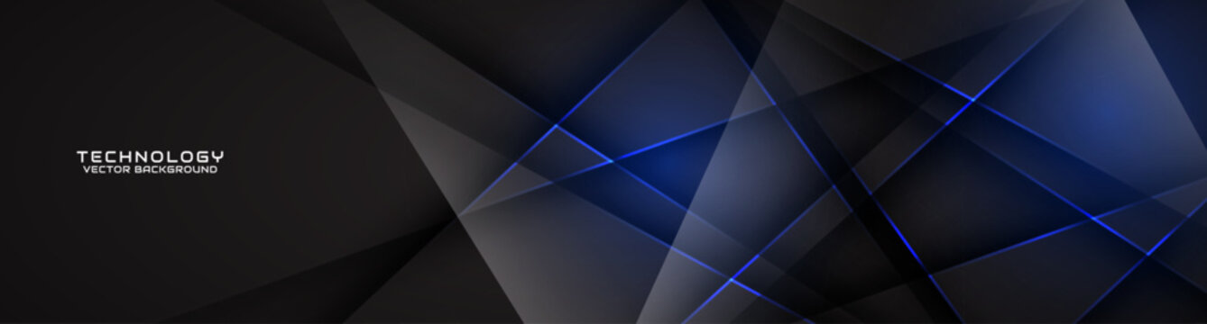 3D black techno abstract background overlap layer on dark space with glowing blue lines effect decoration. Modern graphic design element cutout style concept for banner, flyer, card, or brochure cover