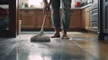 Close-up of a young man's hands gripping a mop as he skillfully cleans the floor of a contemporary kitchen - obrazy, fototapety, plakaty