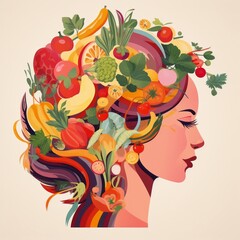 Illustration of a woman's head with vegetables and fruits, concept of healthy eating and nutritional science