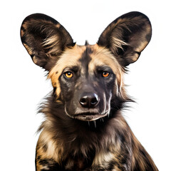 African Wild Dog close up portrait on white background
