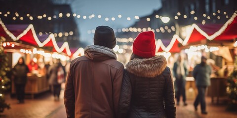Fototapeta premium Rear view of a young couple wears red Santa hat walking in Christmas market decorated with holiday lights in the evening. Feeling happy in big city, generative ai