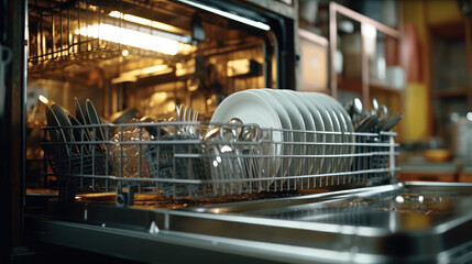 Close-up view of an industrial dishwasher hard at work, ensuring spotless cleanliness for dishes and silverware