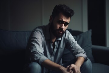 Fototapeta na wymiar Man Suffering From Depression Sitting On Sofa In Pajamas