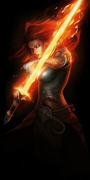 Fantasy fighting woman with burning sword. Fire magic. AI