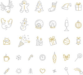 Merry Christmas Happy New Year festive icons set.