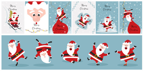 Funny happy Santa Claus character with gift, bag with presents, for Christmas cards, banners