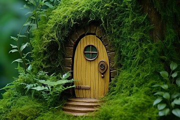 Little magic wooden fairy doors and plants leave on a mossy natural green background.