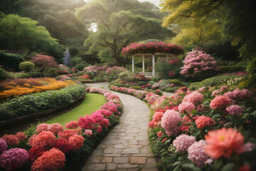 Walkway to Beautiful Garden of Attractive flowers - obrazy, fototapety, plakaty