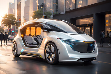Future electric simple car in street.