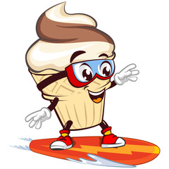Ice cream character mascot with funny face sliding with surfboard, isolated cartoon vector illustration. emoticon, cute ice cream cone mascot