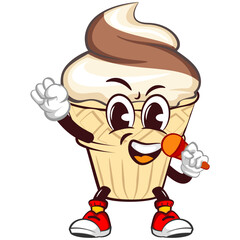 Ice cream character mascot with funny face using mic in talking while raising fist, isolated cartoon vector illustration. emoticon, cute ice cream cone mascot