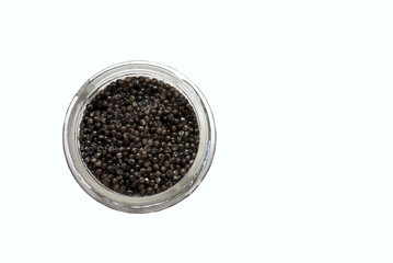 Jar with black caviar on a white background. Isolate