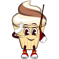 Ice cream character mascot with funny face giving a salute while shouldering a rifle, isolated cartoon vector illustration. emoticon, cute ice cream cone mascot