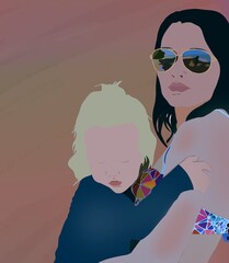 Young mother with child. Daughter in arms, mother in sun glasses. Drawing of super cool mom