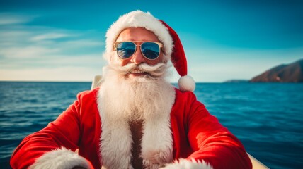 A Blue Christmas Cruise: Celebrating with Captain Claus on the Age-Old Boat with Buoy and Inflatable Circle, Wearing Life Vests and Cool Summer Gear, - obrazy, fototapety, plakaty