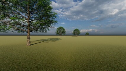 A large oak tree stands on the horizon in a lush green meadow under a blue sky - 3D Illustration - digital-photo-collage
