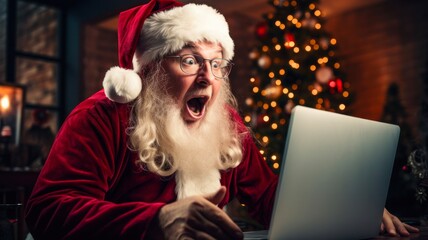 Elderly Santa Claus Working on a Computer and Browsing Gift Wish Lists - Festive Attire, Evergreen Tree Decor, and Amazement