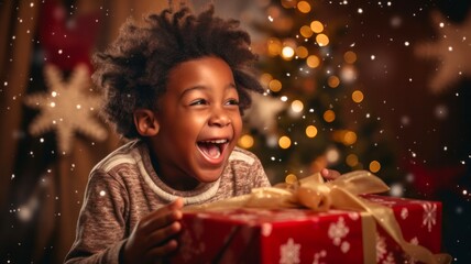 Excited African American Child Unwraps Gift on Joyous Christmas Day - obrazy, fototapety, plakaty