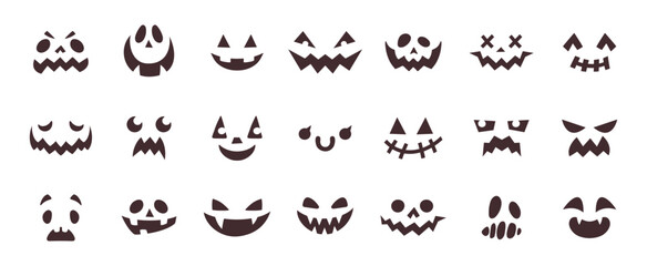 Spooky halloween pumpkin faces, scary monster or ghost face expressions. Creepy character evil eyes and smile, autumn holiday horror decor element, funny pumpkin lantern cut out silhouette vector set - obrazy, fototapety, plakaty