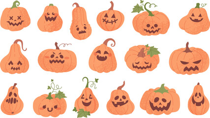 Cute halloween pumpkin characters with different faces, autumn holiday spooky home decoration elements. Orange pumpkins with carved faces, funny smiling pumpkin lantern character vector set