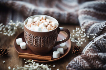 Mug with hot chocolate cacao with marshmallows, cozy warm sweater and cozy decoration.