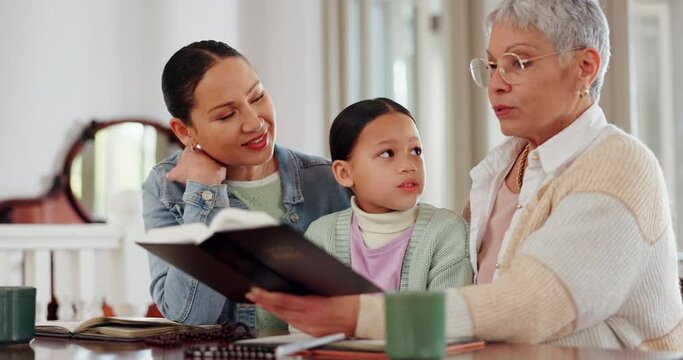 Family, child and home, reading Bible for religion, christian education and learning of God with grandmother and mom. Senior woman and girl kid with holy book, questions of gospel, faith or scripture