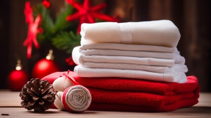 Obraz na płótnie Canvas Festive Towels and Aromatherapy for Holiday Spa Relaxation and Body Care, featuring Pine Branches, Red Toys, and Snowflakes