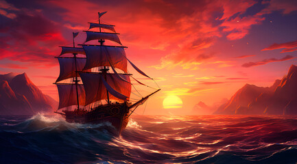 Obraz premium old sailing ship sailing in the ocean during sunset on red tone background