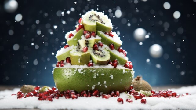Festive Kiwi Christmas Tree with Coconut 'Snow' and Pomegranate Berry Ornaments - A Playful Food Idea for Kids