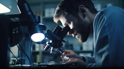 A dedicated researcher is carefully using a powerful microscope to examine a dangerous pathogen