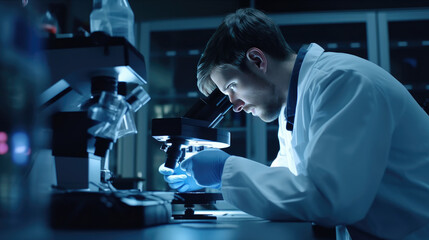 Fototapeta premium A dedicated researcher is carefully using a powerful microscope to examine a dangerous pathogen