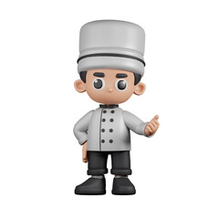3d Character Chef Pointing Next Pose. 3d render isolated on transparent backdrop.