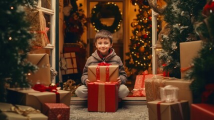Obraz na płótnie Canvas Joyous Children Holding Abundant Christmas Presents on Porch During Winter Holidays