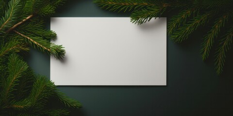 Minimalist Blank Card Mockup with Festive Christmas Tree Branches for Corporate Holiday Greetings and Event Invitations on White Background