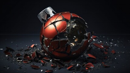 Shattered Festivities: Closeup of Broken Red Christmas Ornament on Dark Gray Background