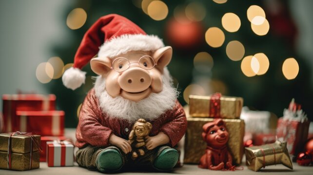 Saving for Orphan Christmas: A Close-Up of a Piggy Bank, Presents, and Charity Invitations with Santa Claus in the Background