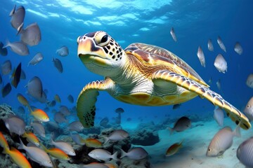 Fototapeta na wymiar Turtle closeup with school of fish.