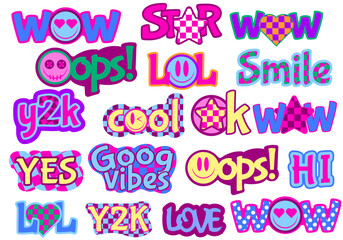 Naklejka premium retro stickers with bright funny faces and inscription, vector illustration y2k, y2k stickers 