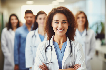 A female doctor stands amidst a team of medical professionals, her beaming smile symbolizing teamwork and shared commitment to quality healthcare. 