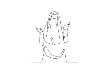 A woman poses happily wearing a niqab. Niqab one-line drawing
