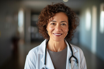 A skilled female cardiologist wears a comforting smile as she discusses heart health and wellness with her patients, fostering trust and confidence.  - obrazy, fototapety, plakaty