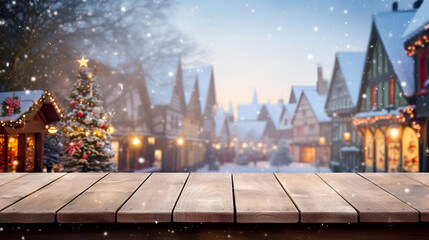 A vacant wooden tabletop placed against a defocused Christmas market with bokeh lights and seasonal...