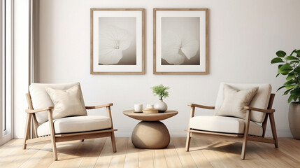 Two beige lounge chairs and round coffee table against wall with frames. home interior design of modern living room.