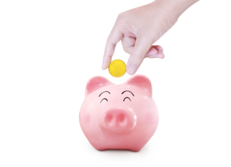 Hand puts gold coins into a piggy bank PNG transparent
