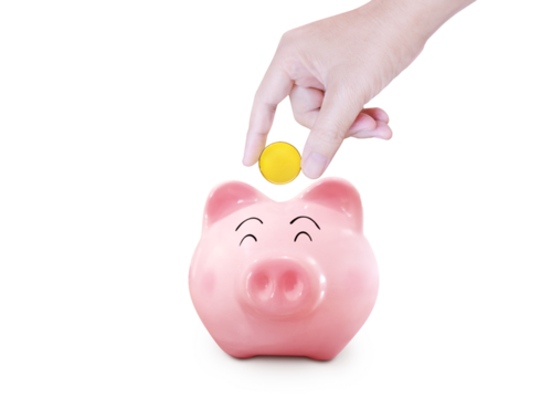 Hand puts gold coins into a piggy bank PNG transparent
