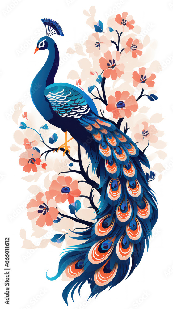 Wall mural A colorful peacock sits on a branch with beautiful bright flowers, illustration