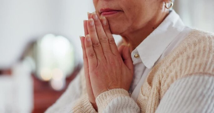 Closeup, hands and senior woman with prayer, spiritual and guidance with religion, blessing and Christian. Person, believer and mature lady with peace, home and praying with Catholic, worship or hope