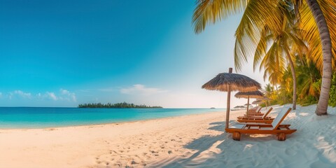 White sand and coconut plant travel tourism wide panorama background concept.