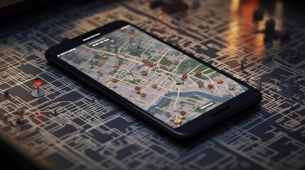 A smartphone screen with prominent 3D map pins