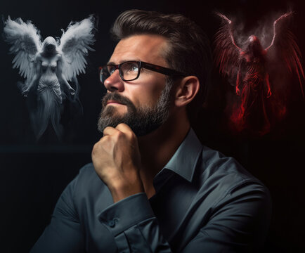 Inner Conflict. Man Facing Good and Evil. Moral Dilemma. Temptation and Contemplation. Choosing Between Angels and Demons. Businessman wearing glasses. blue shirt. salt and pepper hair and beard.